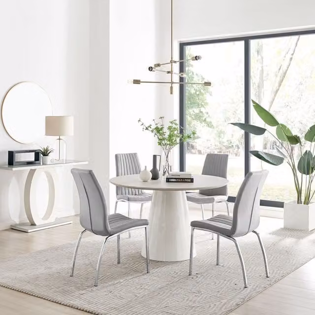 FurnitureboxUK Palma Beige Stone Effect Round Dining Table and 4 Isco Chairs in Grey