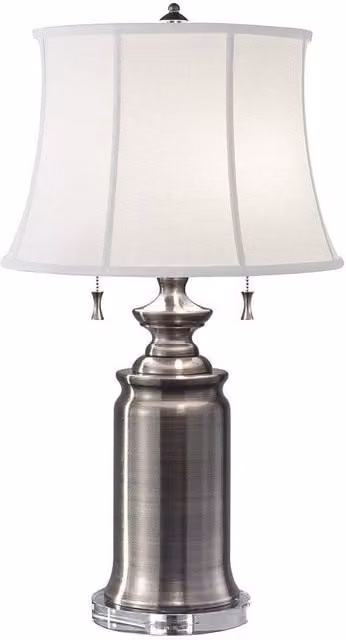 Netlighting Stateroom 2 Light Table Lamp in Antique Nickel and Grey with White Fabric Shade and E27 Socket