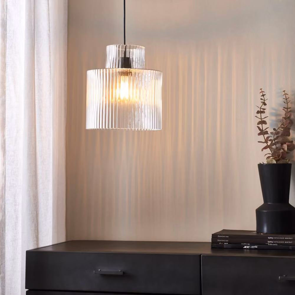 First Choice Lighting Portland Set of 2 Matt Black and Transparent Glass Cylinder Ceiling Pendants – 2