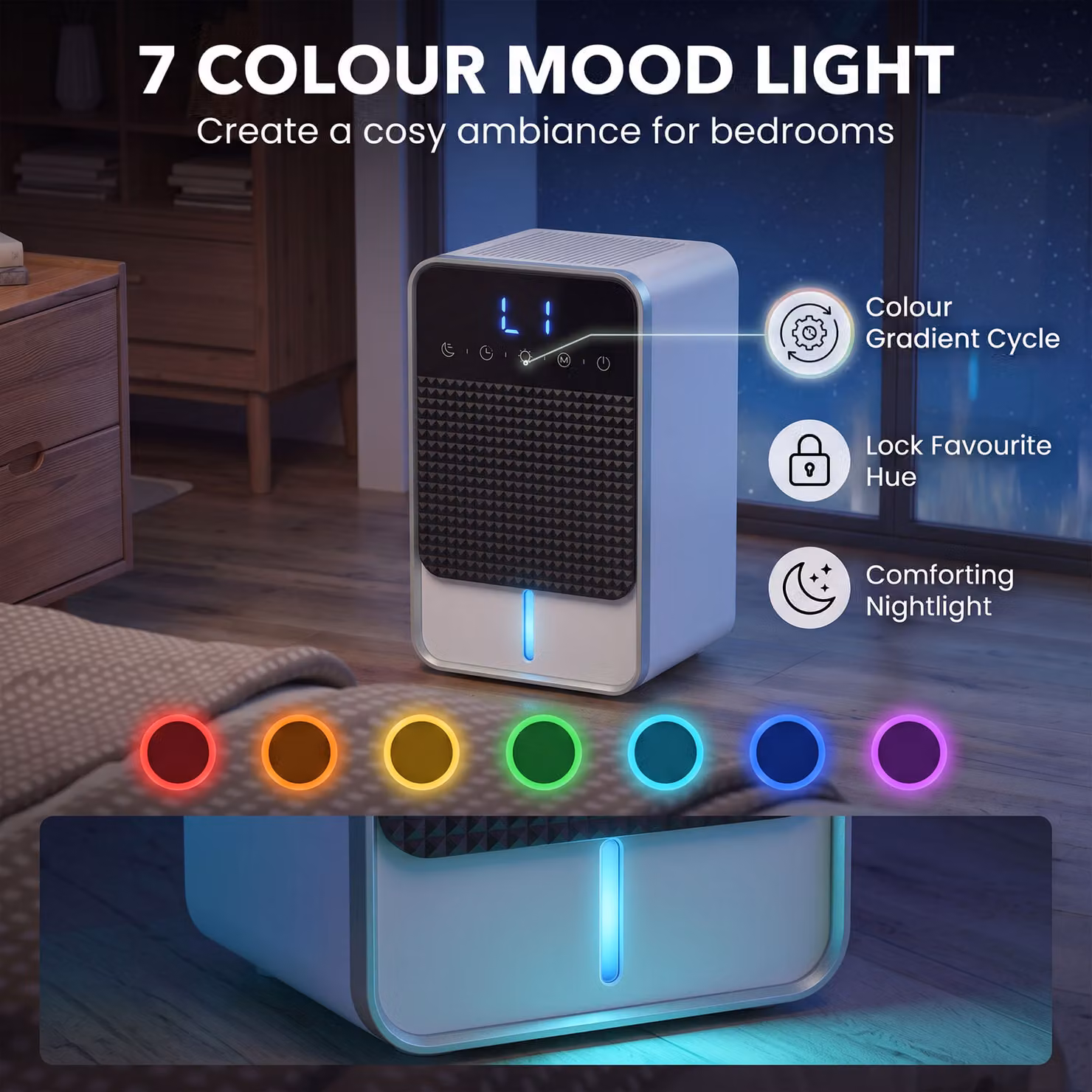 HOMCOM Small Dehumidifier with RGB Mood Lights, Timer, LED Display and Sleep Mode, White – 4