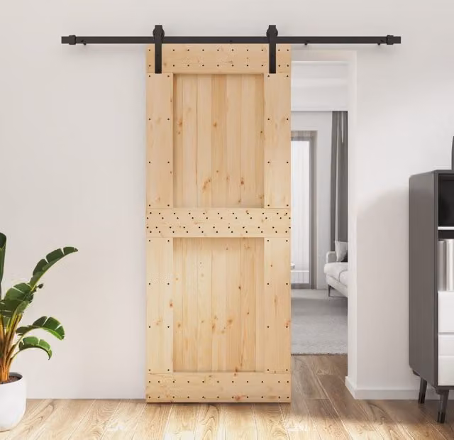 Berkfield Home Rustic Solid Wood Pine Sliding Door with Hardware Set, Brown, W: 85 cm, H: 210 cm