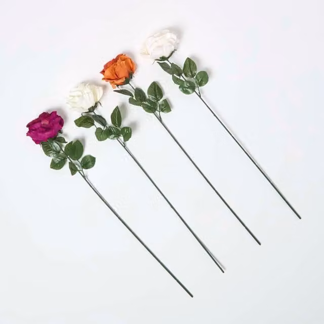 Homescapes Set of 4 Artificial Autumn Rose Stems in Pink and Multicolour