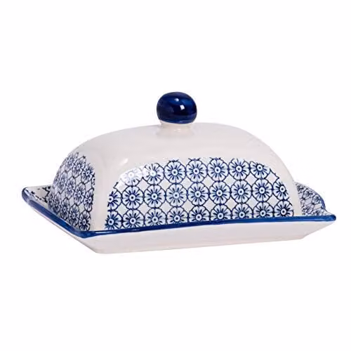 Nicola Spring Hand Printed Floral Stoneware Butter Dish with Lid in Blue, W: 18.5 cm, D: 12 cm, H: 9 cm – 1