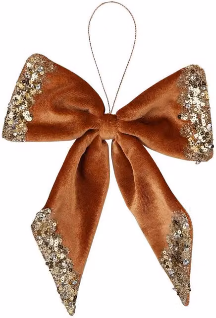 VFM e-Store Christmas Velvet Bow Hanging Decoration, Gold and Brown, W: 22 cm, H: 21 cm – 1