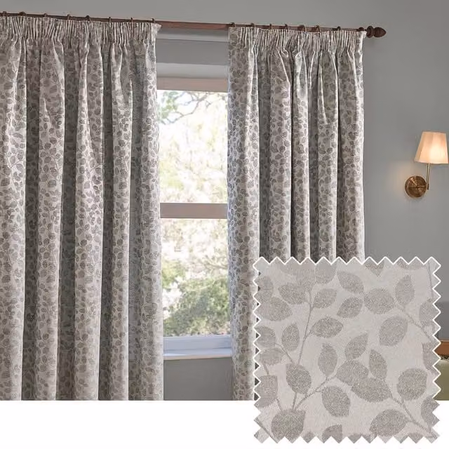 Wylder Grace Leaf Jacquard Grey Pencil Pleat Curtain Pair, Width: 168 cm, Drop: 229 cm – 1