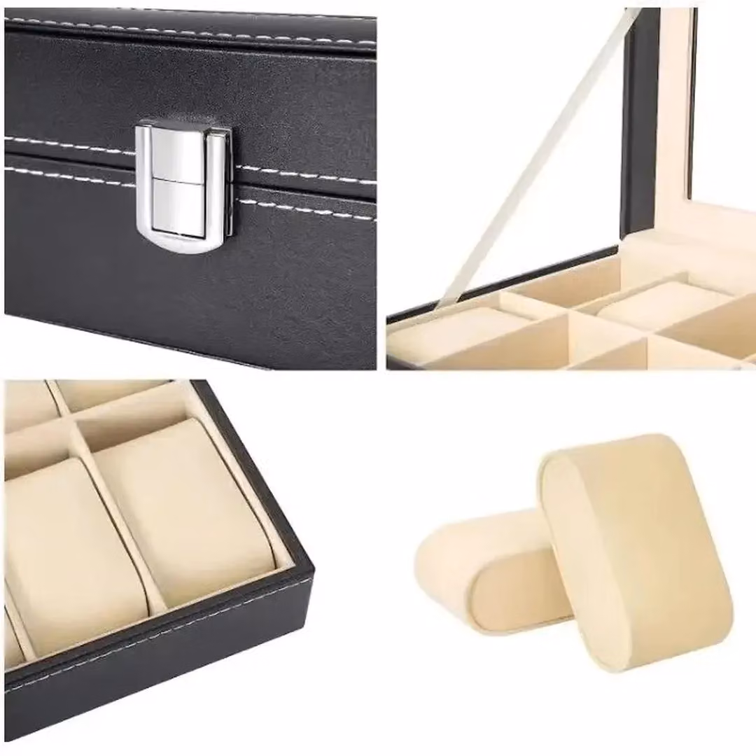 VOGREX 10 Grid PU Leather Watch Display Case in Black, W/D/H: 20.0 x 11.0 x 8.0 cm – 5