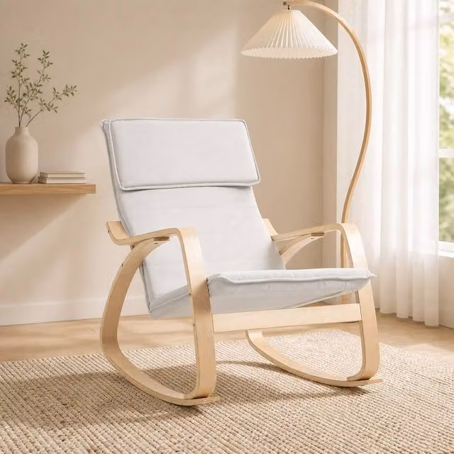STILVORA Cream Fabric Rocking Chair with High Back, Headrest and Armrests and Solid Wood Frame