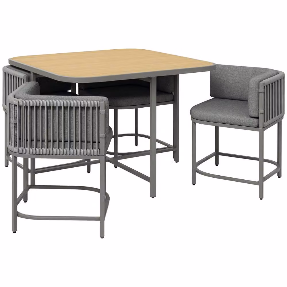 OUTSUNNY 5 Piece Grey Rattan Cube Garden Dining Set with Square Table – 2