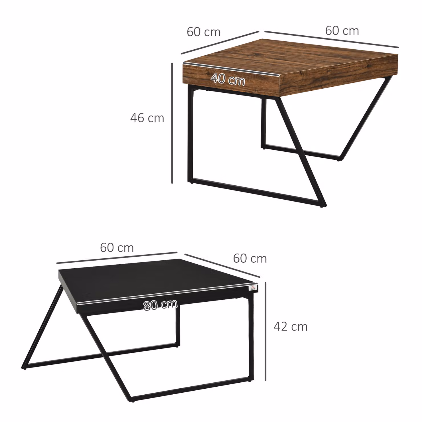 HOMCOM Set of 2 Industrial Geometric Coffee Tables with Black Steel Frame and Wood Tops – 3