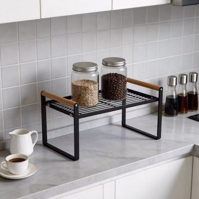 EONLION 2 Tier Kitchen Plate Rack Storage Shelf, Black, W: 35 cm, D: 20.5 cm, H: 20 cm