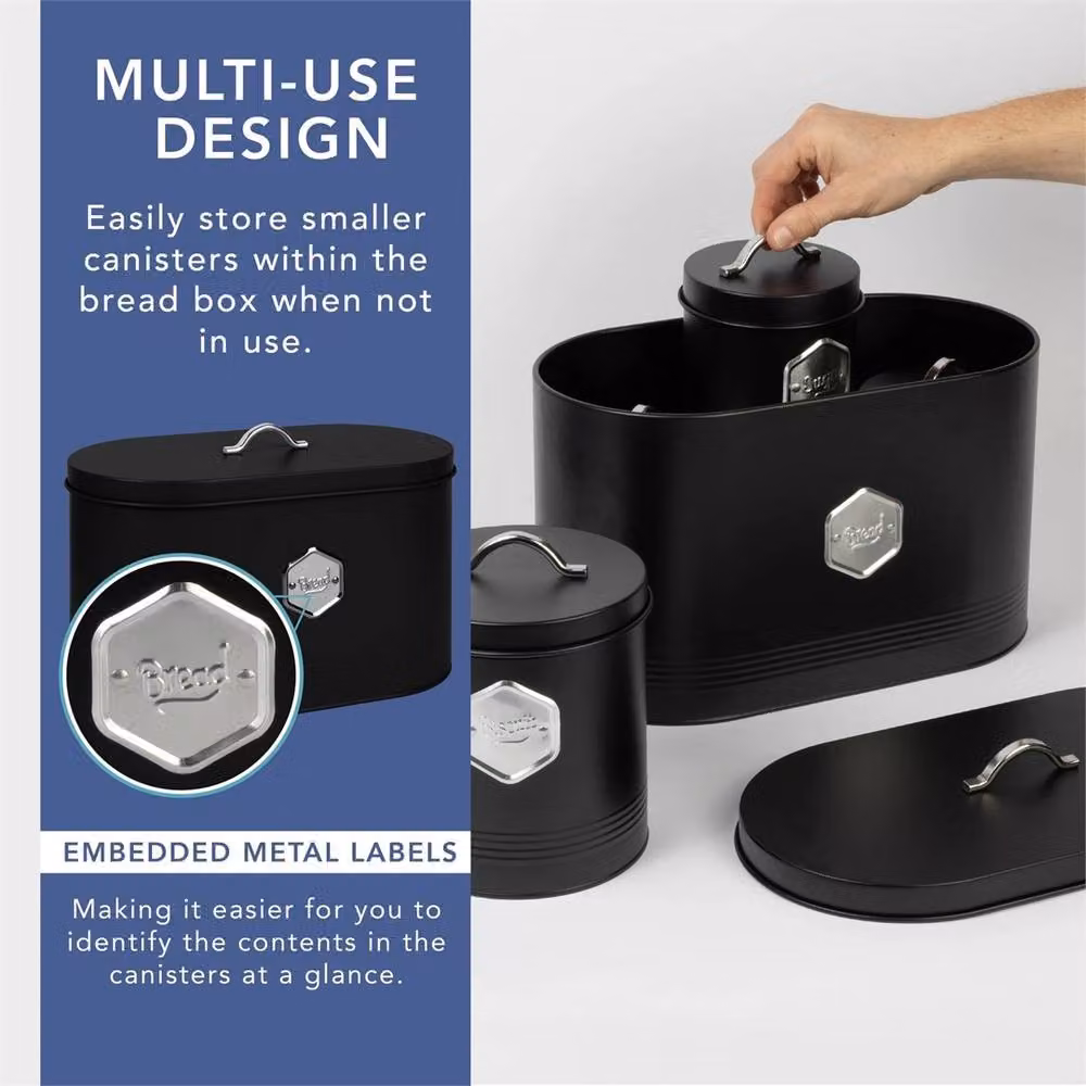 Nordara Black Airtight Metal Kitchen Storage Canister 5-Piece Set, W: 21 cm, D: 21 cm, H: 31 cm – 4