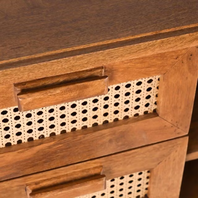 Elm Home And Garden Mid-Century Mango Wood Sideboard with Rattan Details in Brown