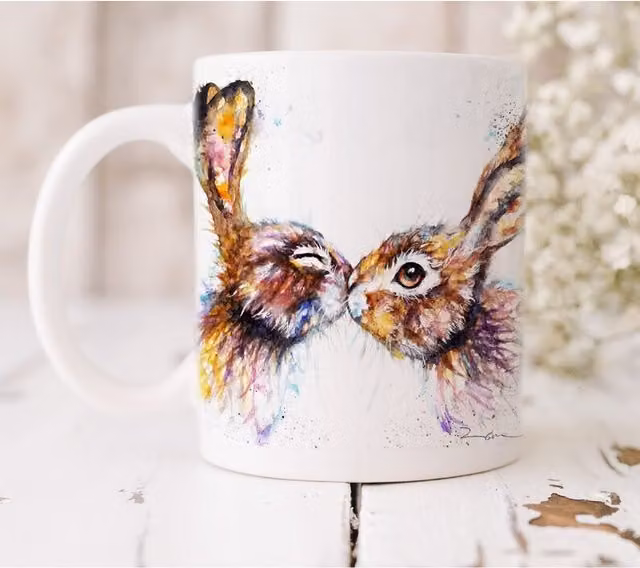 BebesArts Kissing Hares Watercolour Art Mug in Brown and White