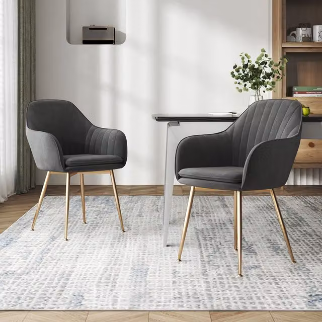 Komore Set of 2 Modern Velvet Upholstered Dining Chairs with Gold Metal Frame in Grey