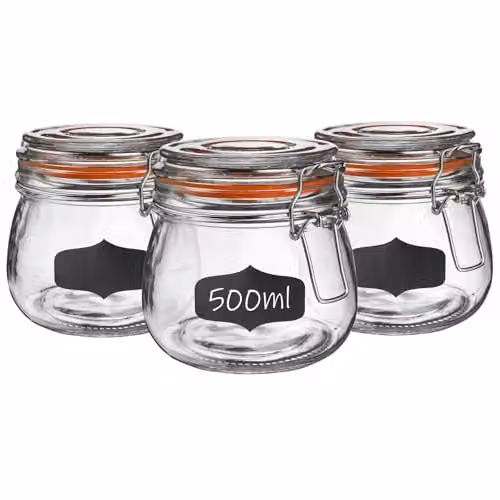 Argon Tableware Set of 6 Transparent Glass Storage Jars with Stainless Steel Clip Lids and Silicone Seals, 500ml
