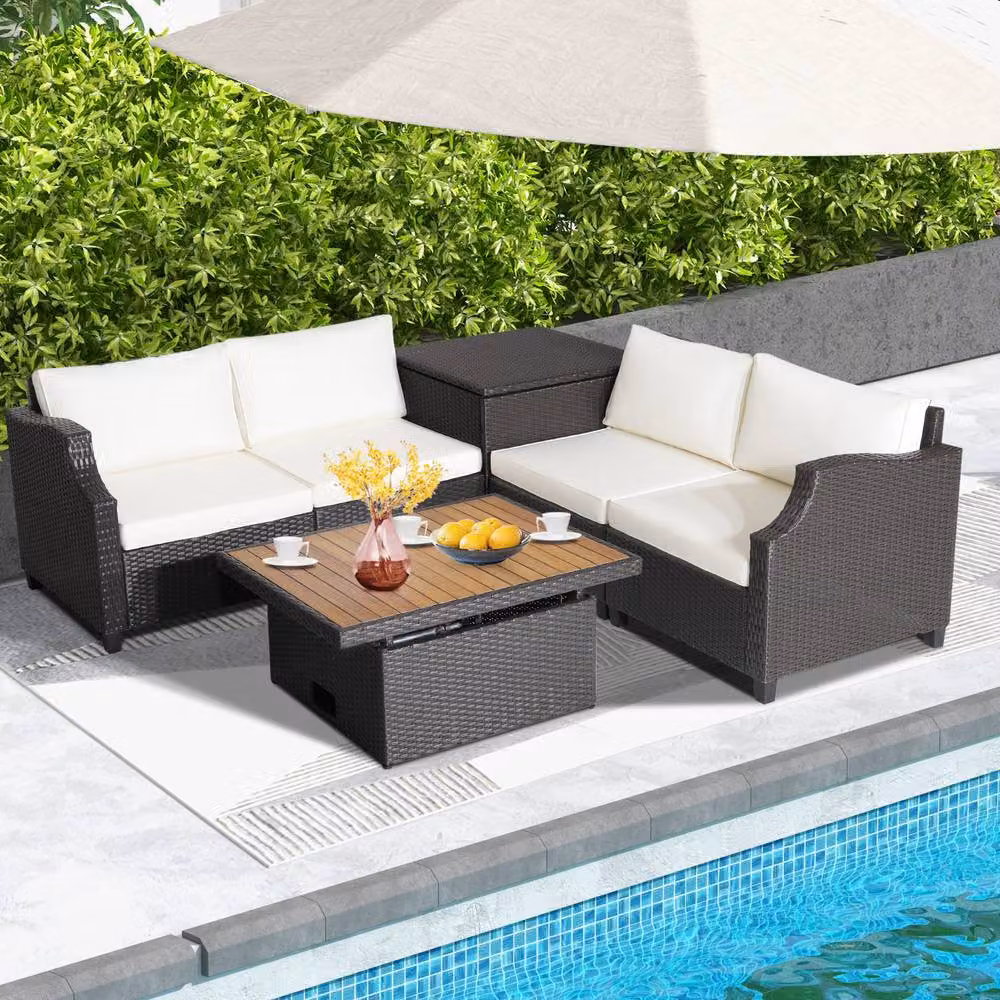 Gymax 7 Piece Outdoor Hand-Woven PE Wicker Furniture Set in Off White – 6