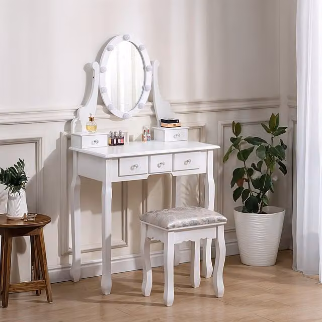 Lifeideas Modern White Lacquered Wooden Dressing Table with Hollywood LED Mirror and Stool W/D/H: 141.5 x 75 x 3 cm