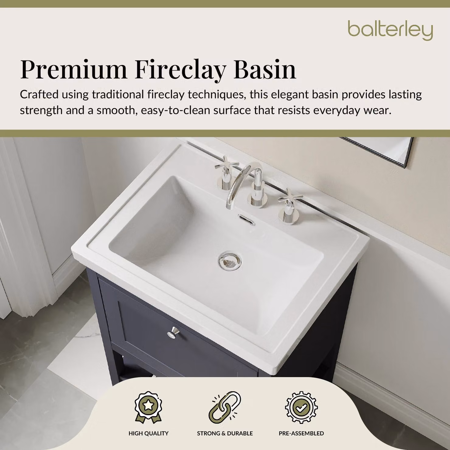 Balterley Blue Freestanding Bathroom Floor Vanity with 1 Drawer and 3 Tap Hole Fireclay Basin, Width: 60 cm – 3