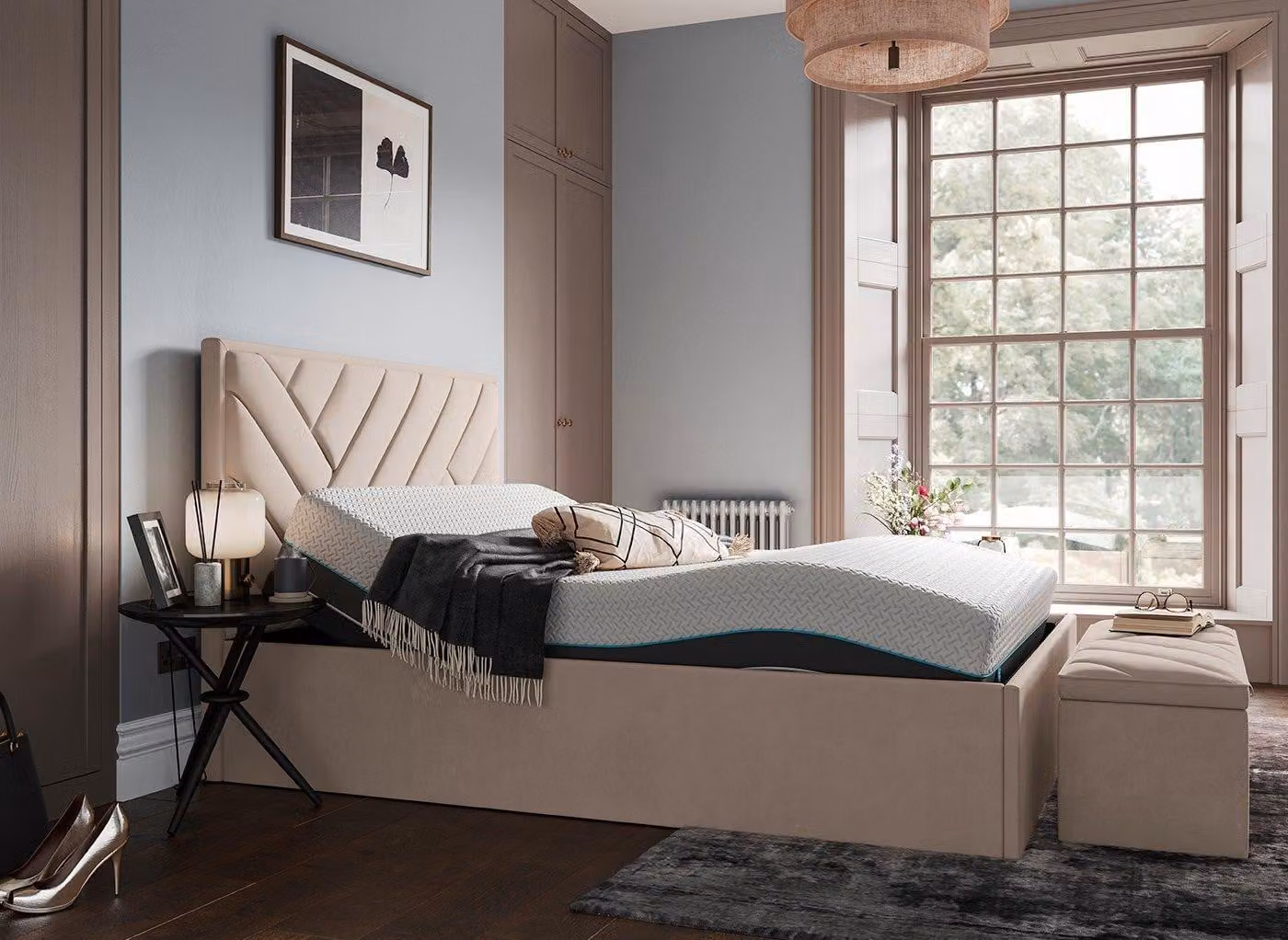 Dreams House Beautiful Jay Sleepmotion Motorised Adjustable Bed Frame in Beige Velvet Upholstery