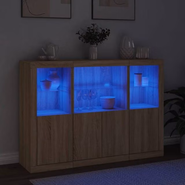 Berkfield Home Set of 3 Sonoma Oak Sideboards with Integrated LED Lighting in Light Tan – 1