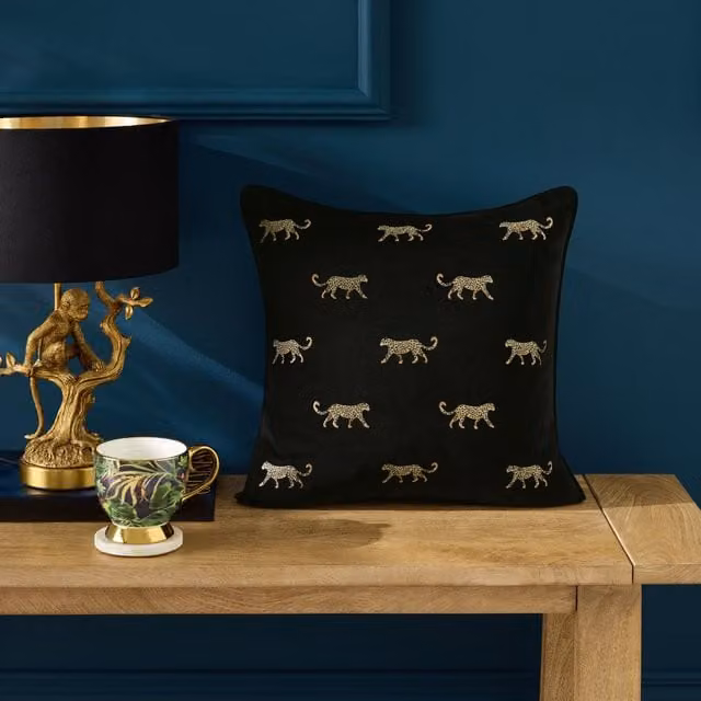 Clarke & Clarke Duma Square Feather Filled Velvet Cushion, Black, W/D/H: 43 x 43 x 43 cm