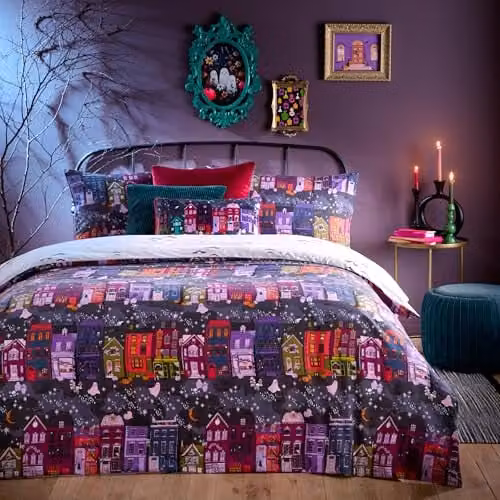 Riva Home Creepy Town Reversible Halloween Duvet Cover Set, Anthracite, W/D/H: 140 x 200 cm