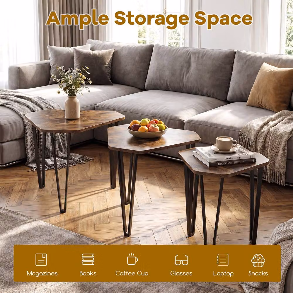 Costway Industrial Nesting Coffee Table Set with Irregular Hexagonal Glass and Metal Tops in Brown – 7