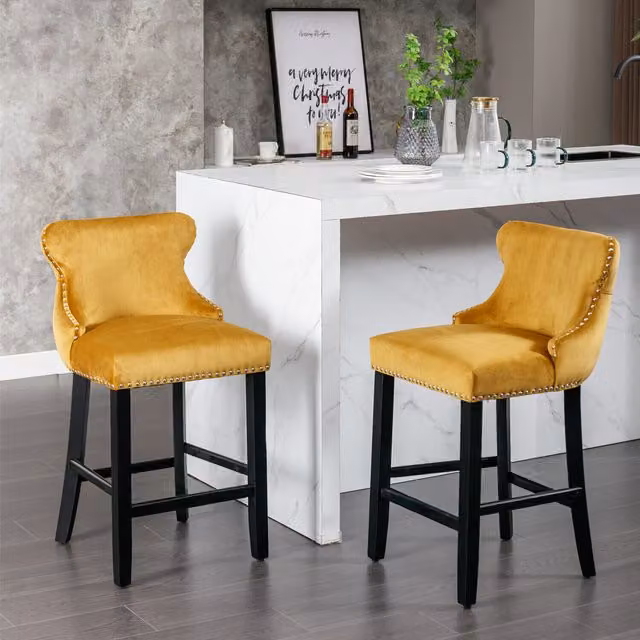 Home Touch Interior Set of 2 Modern Yellow Velvet Tufted Wing Back Bar Stools with Wooden Legs