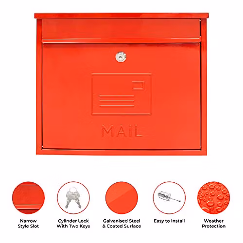 GardenKraft Contemporary Lockable Wall-Mounted Letterbox in Red, Galvanised Steel – 3