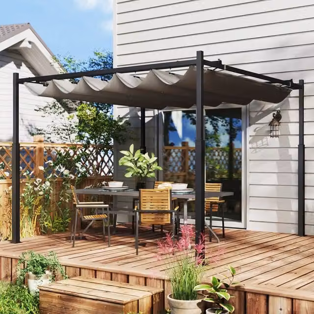 Outsunny Grey Outdoor Pergola with Retractable Roof and Steel Frame, W/D/H: 300 x 300 x 300 cm