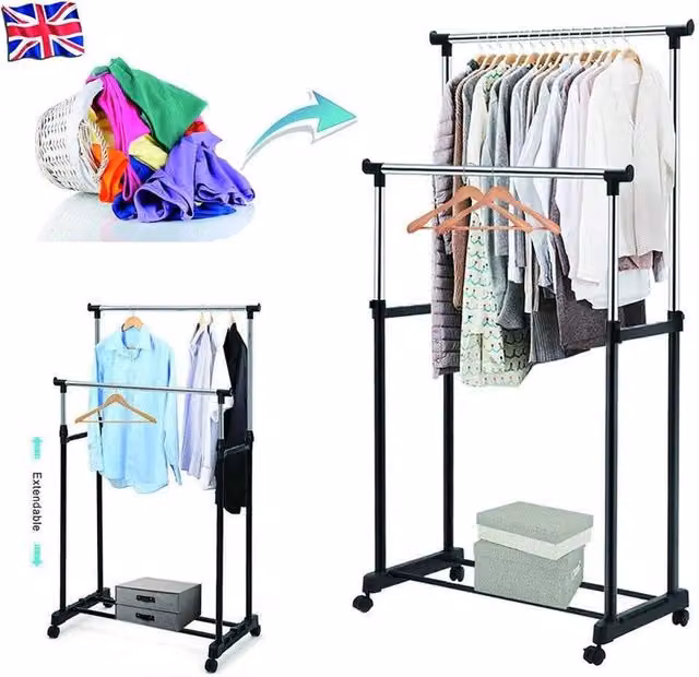 Nordara Adjustable Mobile Clothes Garment Hanging Rail Rack on Wheels in Matt Black, H 160 cm x W 90 cm