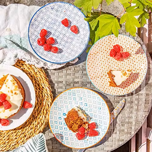 Nicola Spring Hand-Printed Floral Porcelain Side Plates, Pack of 6, Blue, Orange and Multicolour, Diameter: 18 cm – 2