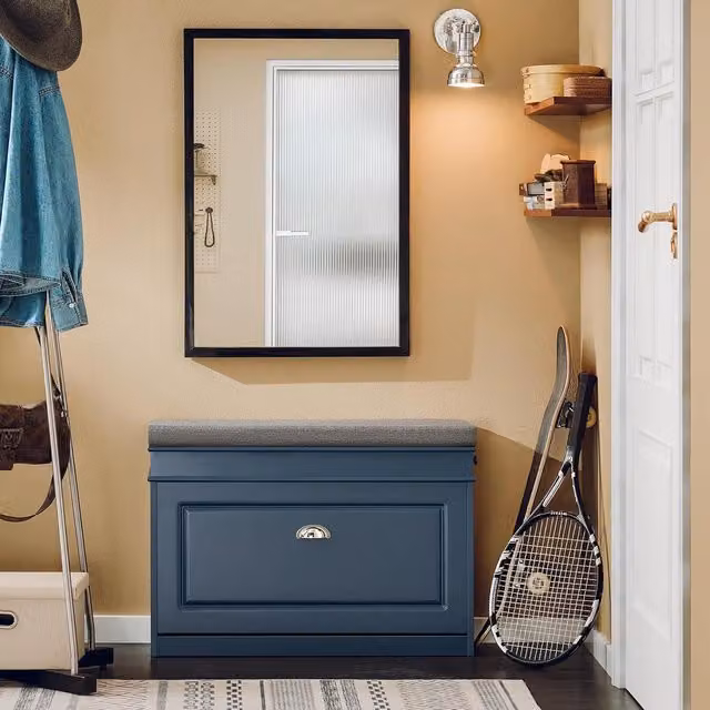 SoBuy Modern Blue Large Shoe Cabinet with Tilting Compartments and Integrated Seat