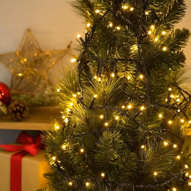 Voltico 100 LED Battery Operated Timer String Lights with Dark Green Wire and Warm White Lights