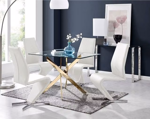 FurnitureboxUK Leonardo Gold Dining Table with Four Willow Chairs, White and Gold with Transparent Glass Top, W/D/H: 120 x 70 x 75 cm