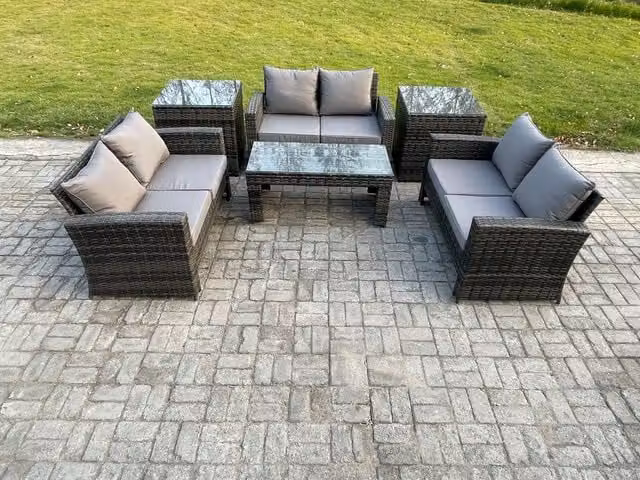 Fimous 6 Piece Outdoor Lounge Sofa Set with Coffee Table and 2 Side Tables in Dark Grey PE Rattan