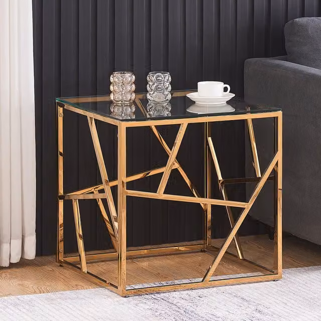 Comfy Living Square Geometric Glass and Metal End Table in Gold