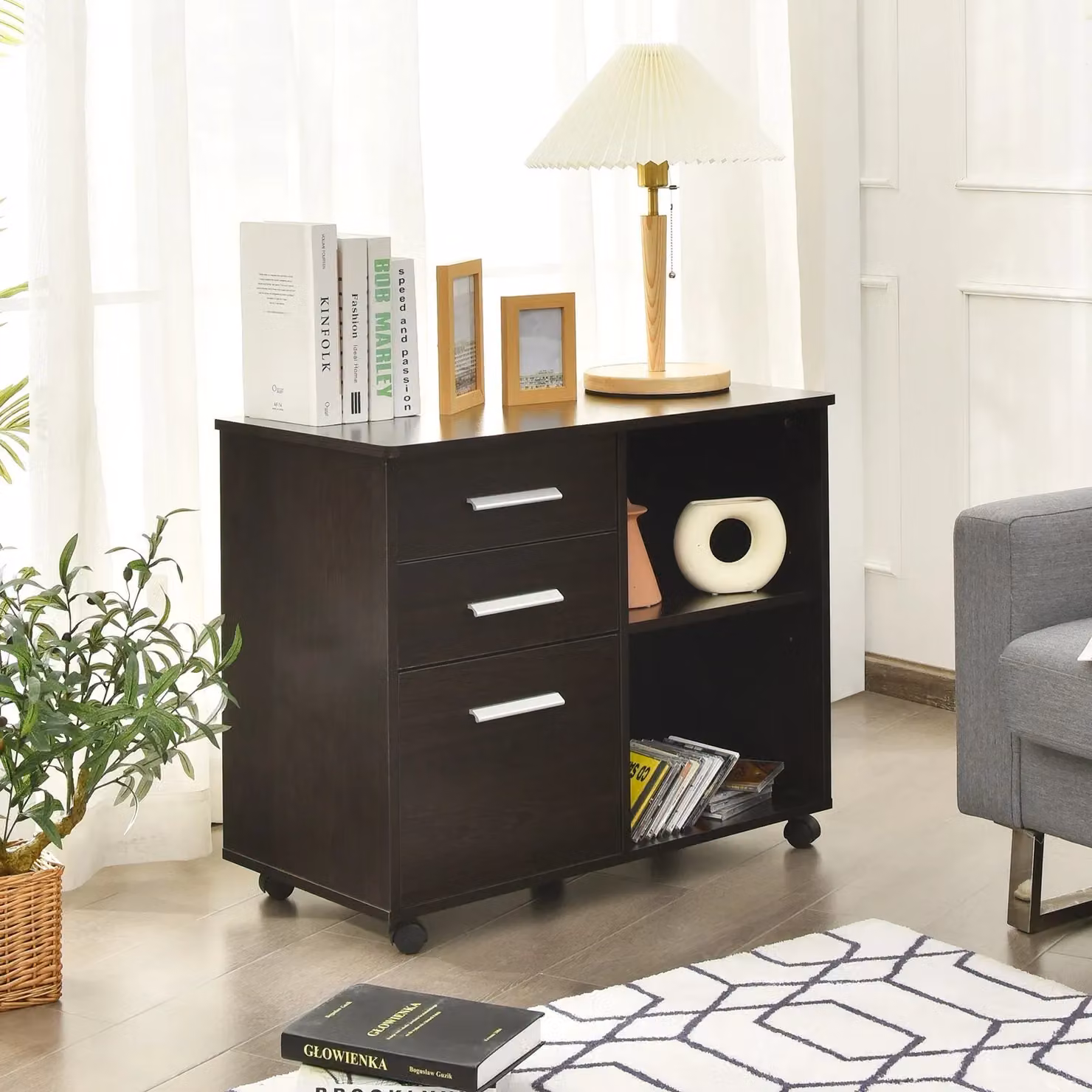 Costway 3-Drawer Mobile Printer Stand and Lateral Filing Cabinet with Hanging Bars in Brown – 4