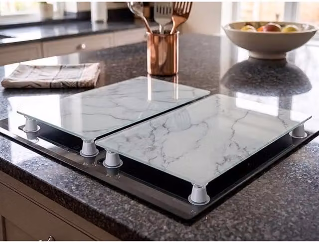 DEENZ Set of 2 Grey Marble Effect Rectangular Glass Hob Covers with 8 Non-Slip Feet