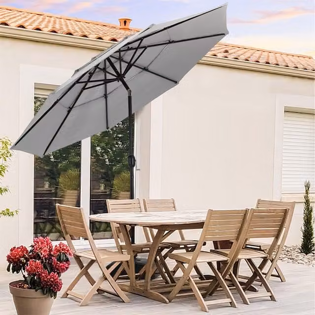 Livingandhome 3-Tier Garden Parasol Outdoor Umbrella with Crank and Tilt in Grey