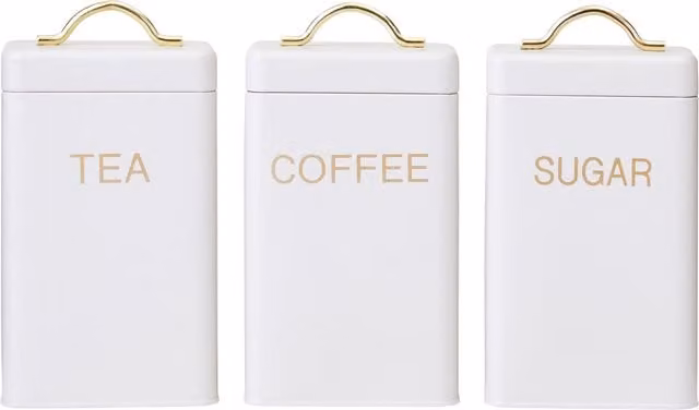 Orsina 3-Piece Tea Coffee Sugar Canister Set in White and Gold, Metal Kitchen Storage Jars, W/D/H: 11.2 x 7.8 x 20.6 cm