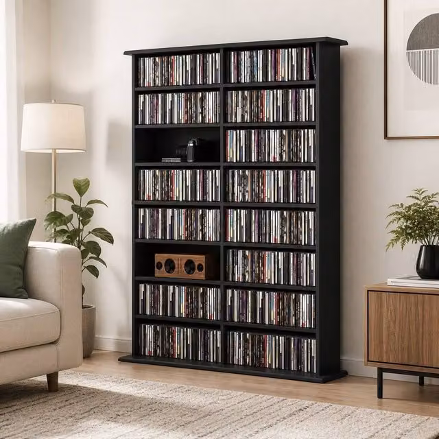 STILVORA Modern Media Shelf in Black with Adjustable Shelves and Media Compartments – 1