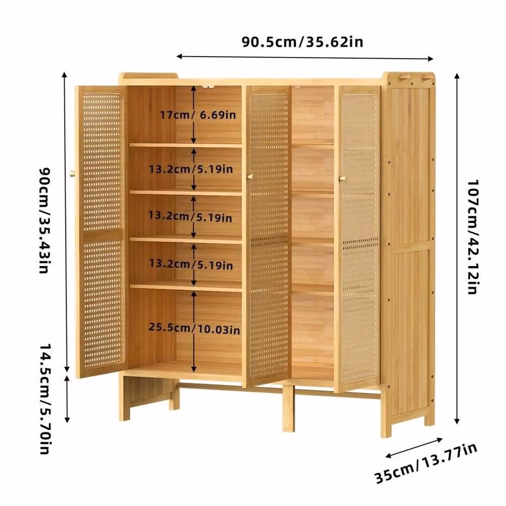 EONLION Tall Brown Rattan Shoe Cabinet with 3 Hinged Doors and Internal Shelves – 2