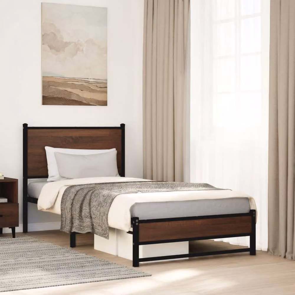 Berkfield Home Single Metal Bed Frame in Brown Oak, W/D/H: 90 x 190 cm – 2