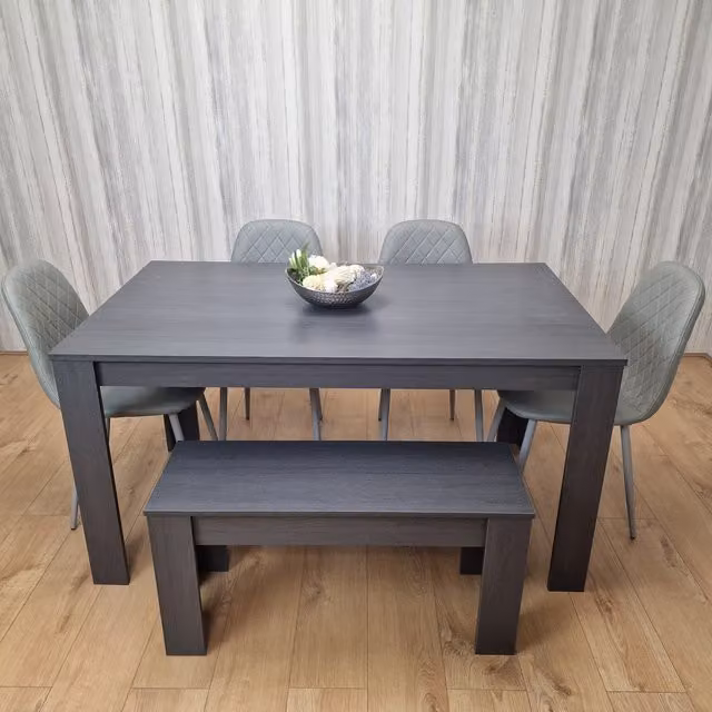 Kosy Koala Modern Grey Dining Set with Rectangular Table, 4 Faux Leather Chairs and 1 Bench