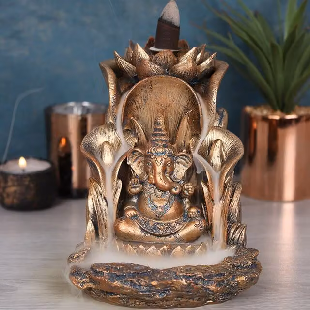 KDMD Bronze and Gold Ganesh Backflow Incense Burner with Waterfall Effect