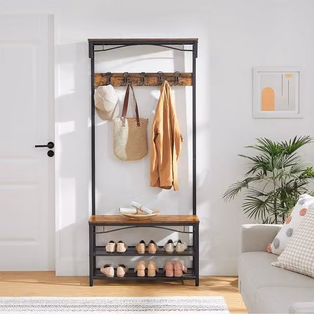 VASAGLE Rustic Hallway Coat Rack with Bench and Shoe Shelf in Brown
