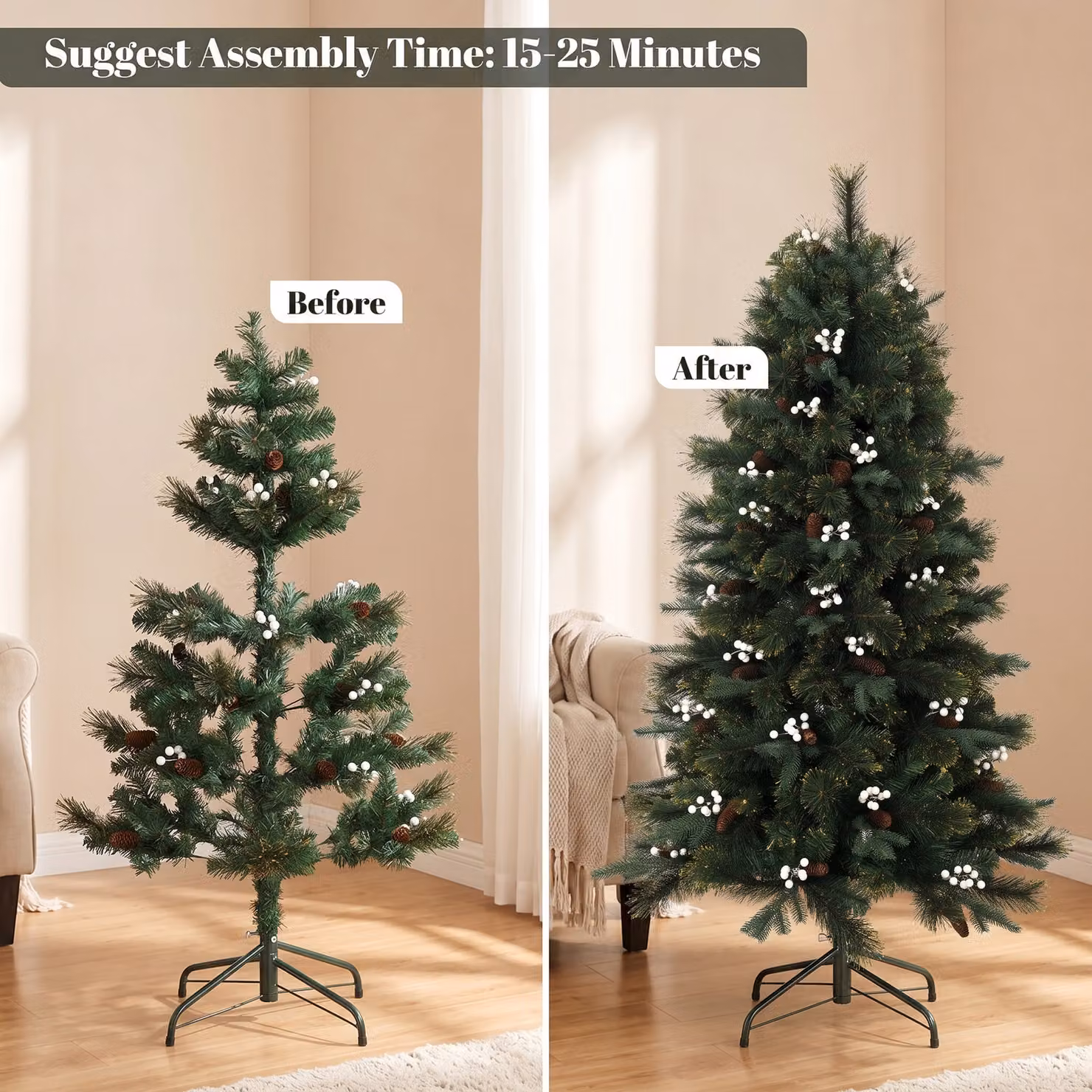 HOMCOM 5ft Green Artificial Fir Christmas Tree with 490 Branch Tips and Metal Stand – 6