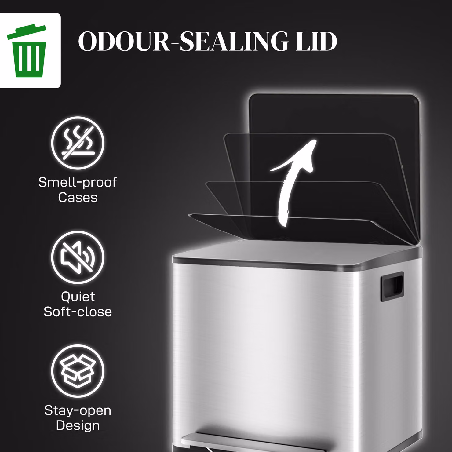 HOMCOM 30L Dual Compartment Stainless Steel Pedal Bin with Odour Filter and Removable Inner Buckets in Silver Tone – 6