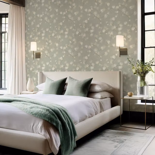 Belgravia Decor Valentino Pine Sage Floral Botanical Satin Gloss Wallpaper Roll